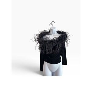 Y2K VTG Cachet Velvet Top Black Off Shoulder Ostrich Feathers Glam Whimsigoth